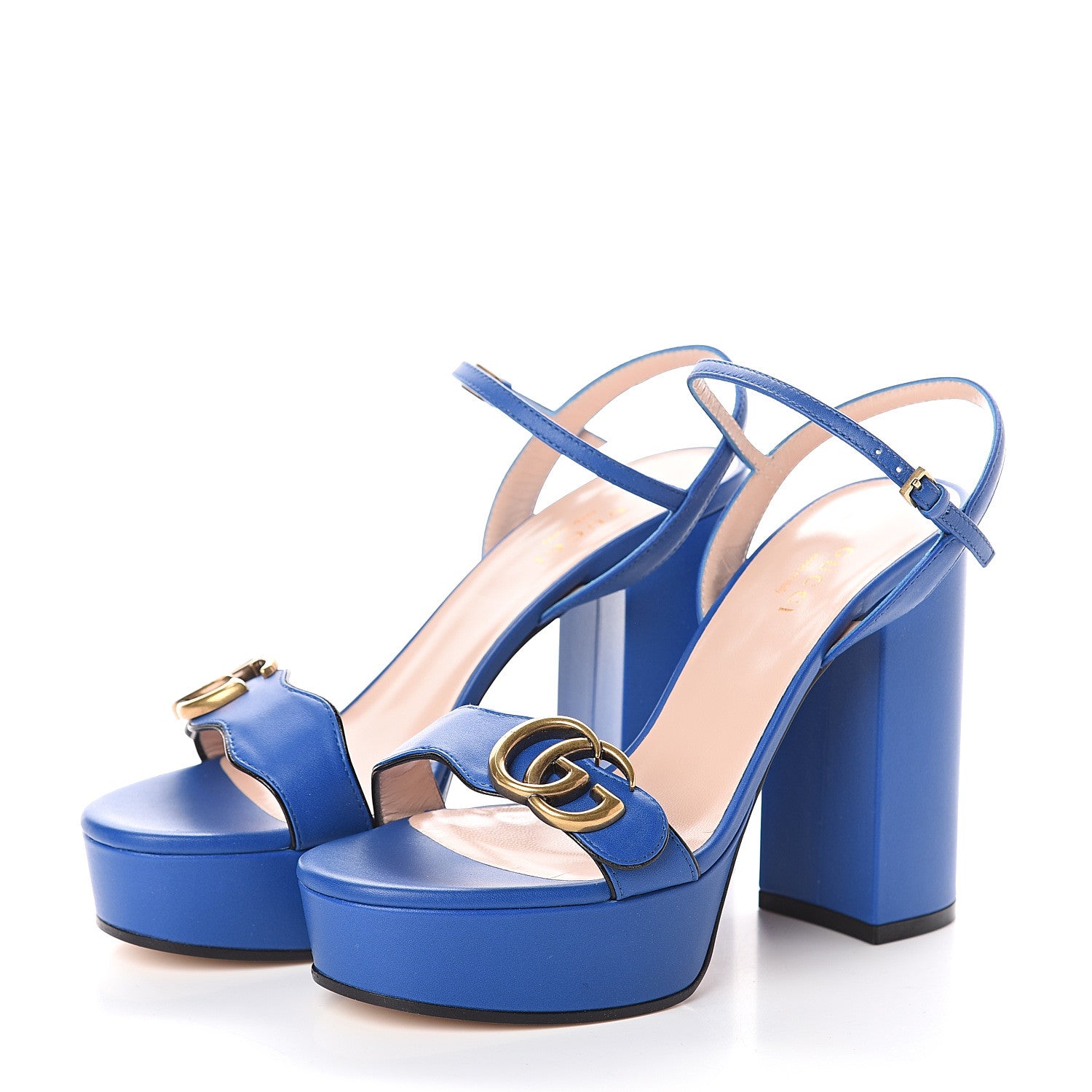 Gucci Calfskin GG Marmont Ankle Wrap 30/115mm Platform Sandals 36.5 Bright Blue 3 of 7
