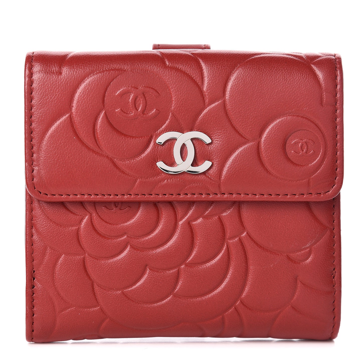 Lambskin Camellia Embossed French Wallet Dark Red