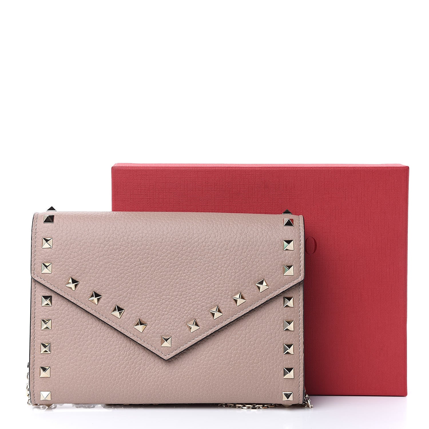 Valentino Garavani Pebbled Calfskin Rockstud Envelope Wallet on Chain Poudre 11 of 11