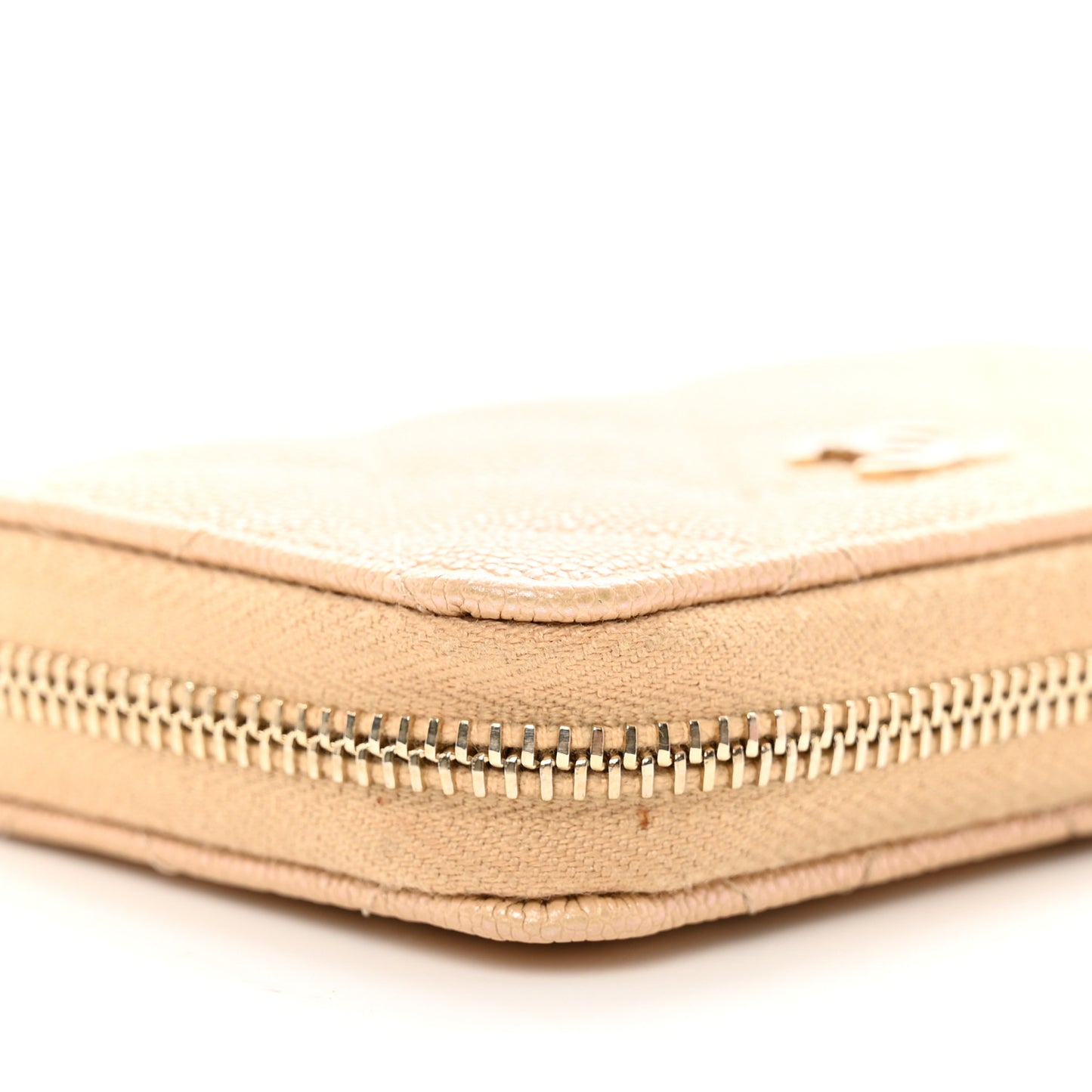 Iridescent Caviar Quilted Zip Around Coin Purse Beige