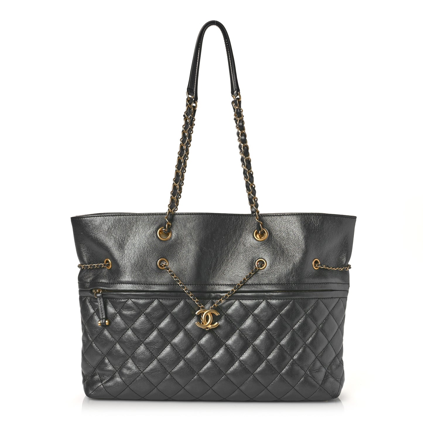 Aged Calfskin Quilted Drawstring Shopping Tote Black