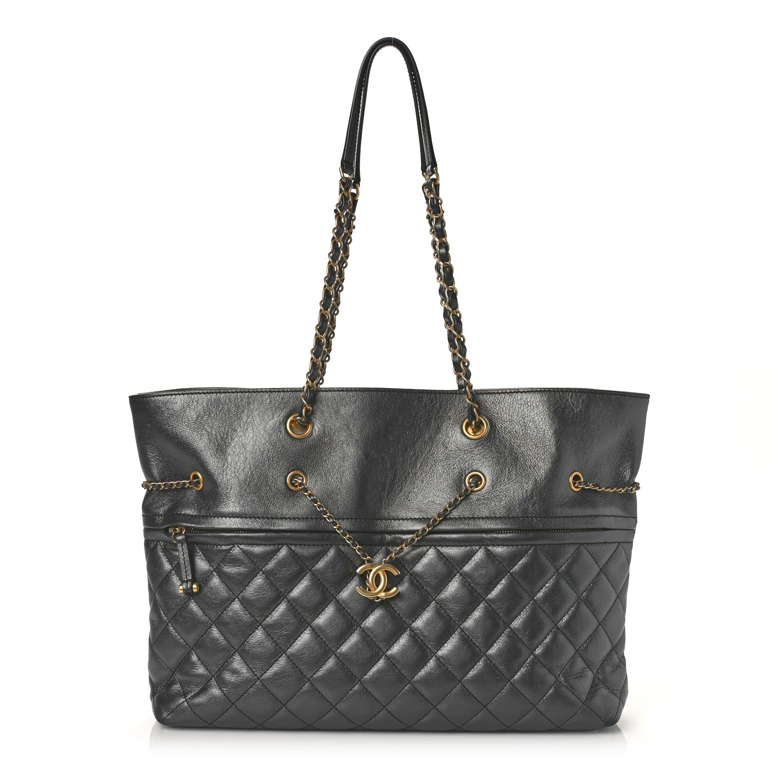 Chanel Aged Calfskin Quilted Drawstring Shopping Tote Black 1 of 9