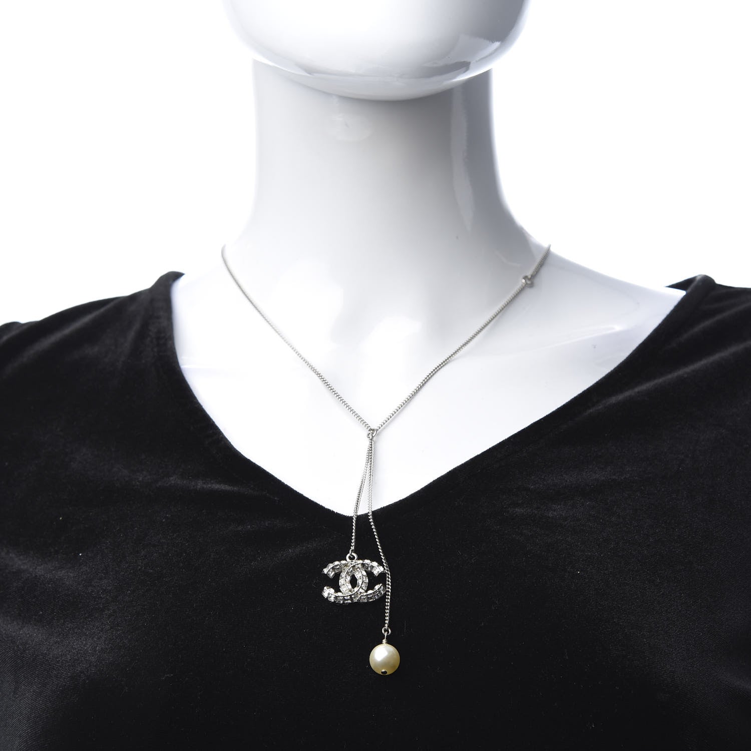 Chanel Baguette Crystal Pearl CC Lariat Necklace Silver 2 of 5