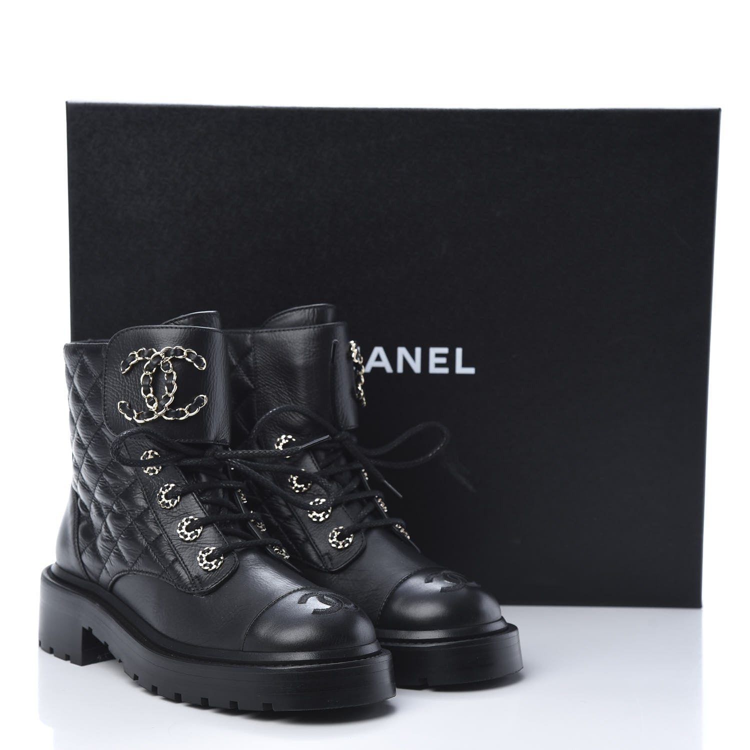 Chanel Shiny Goatskin Calfskin Quilted Lace Up Combat Boots 35 Black 8 of 8