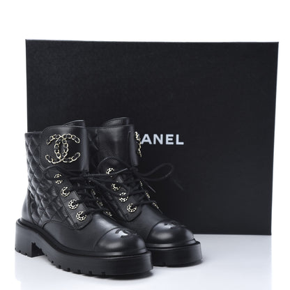Chanel Shiny Goatskin Calfskin Quilted Lace Up Combat Boots 35 Black 8 of 8