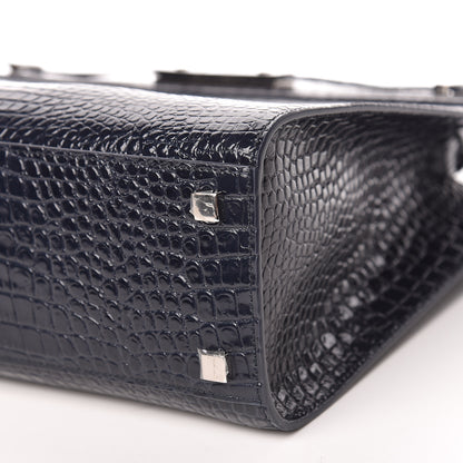 Saint Laurent Shiny Calfskin Crocodile Embossed Small Manhattan Shopper Tote Deep Marine 6 of 10