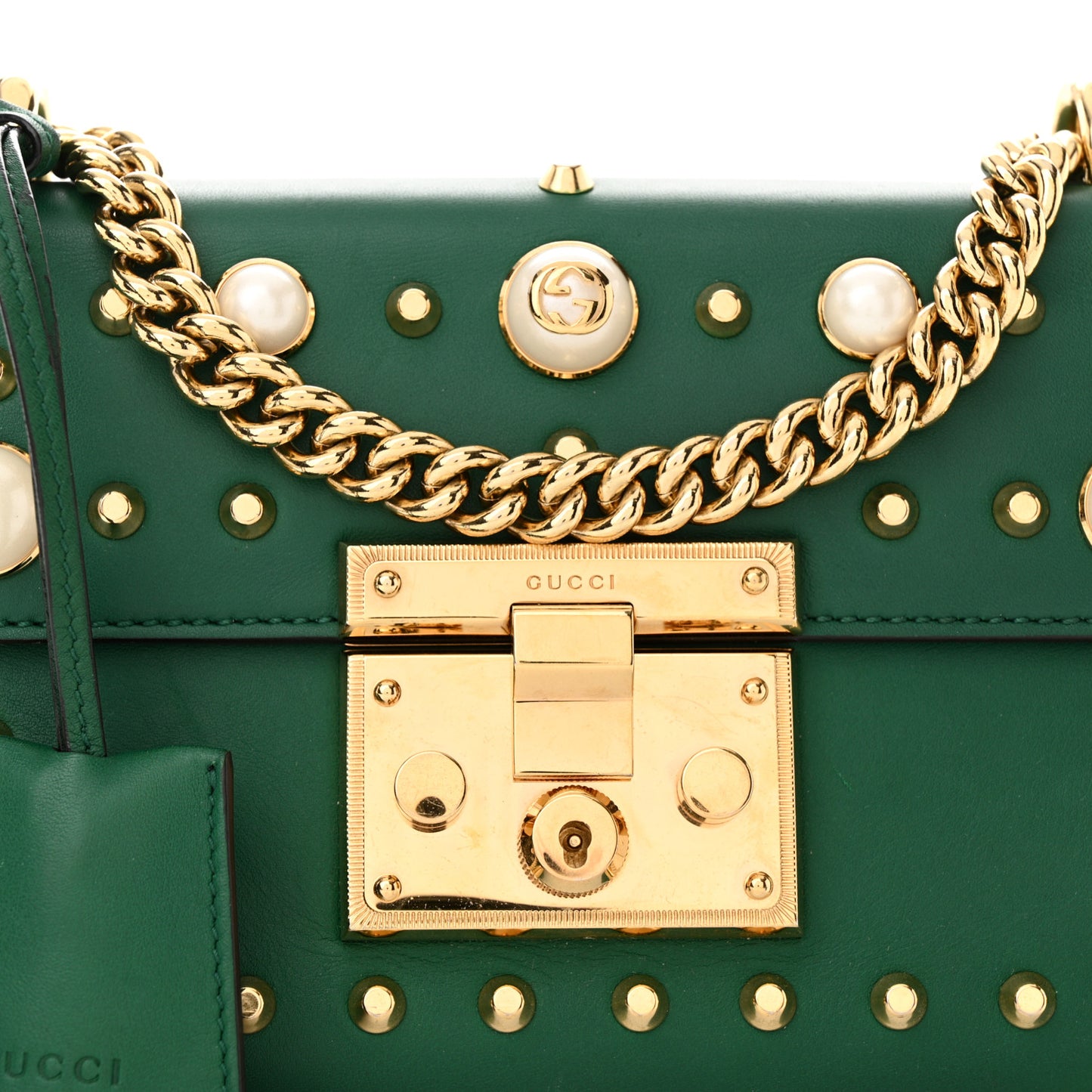 Calfskin Studded Small Padlock Shoulder Bag Emerald
