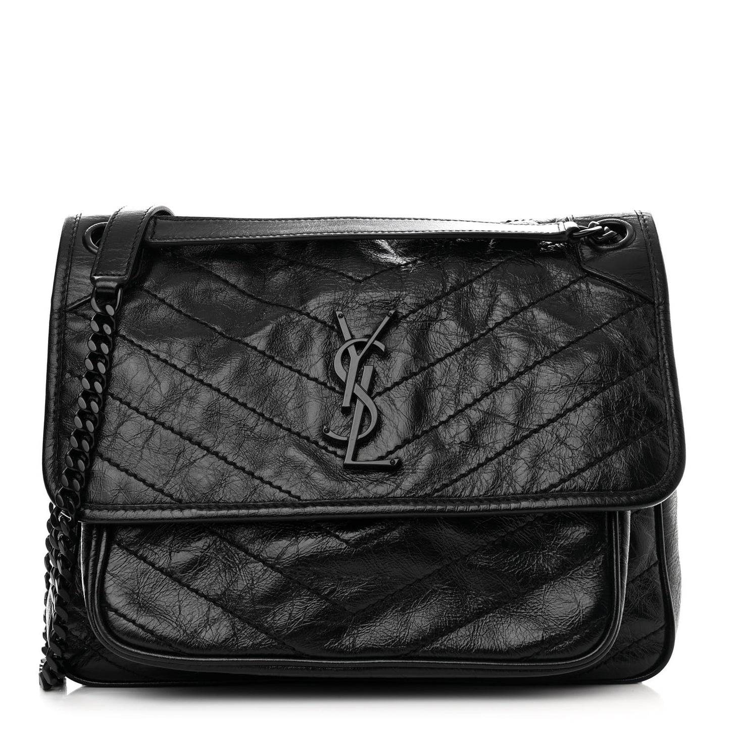 Crinkled Calfskin Matelasse Monogram Medium Niki Chain Satchel Black