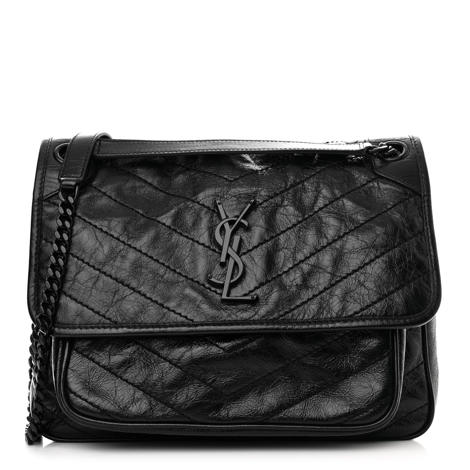 Saint Laurent Crinkled Calfskin Matelasse Monogram Medium Niki Chain Satchel Black 1 of 10