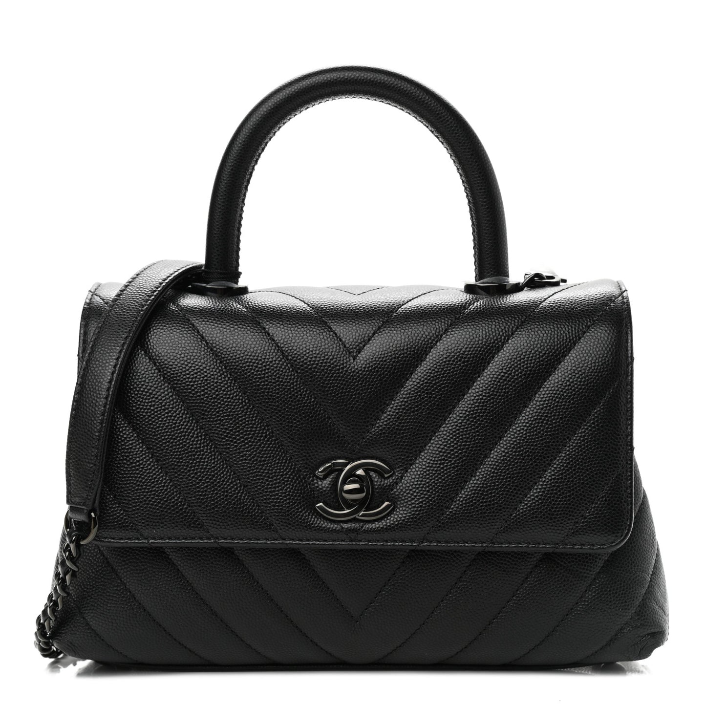 Caviar Chevron Quilted Mini Coco Handle Flap So Black