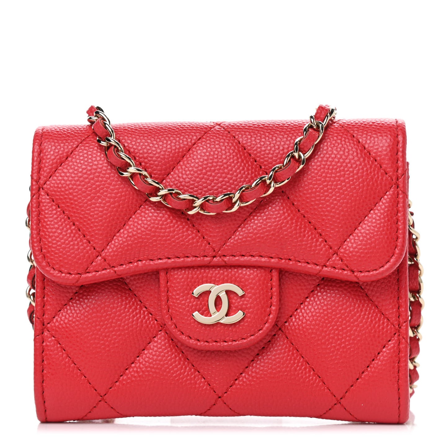 Caviar Quilted Flap Card Holder On Chain Red
