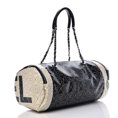 Chanel Coated Canvas Camellia Printed Calfskin Bowling Bag Black Beige 4 of 11