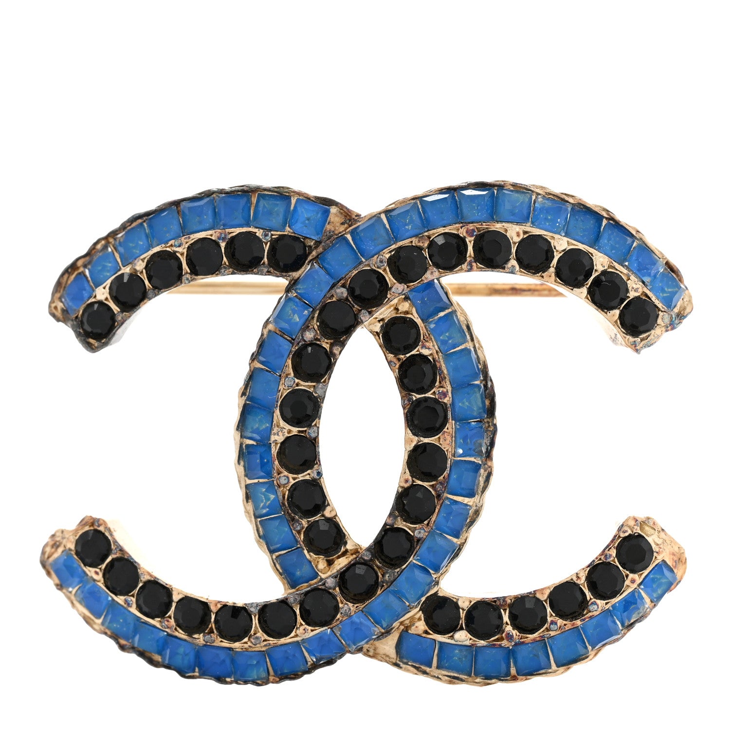 Chanel Crystal CC Chain Brooch Blue Black Gold 1 of 5