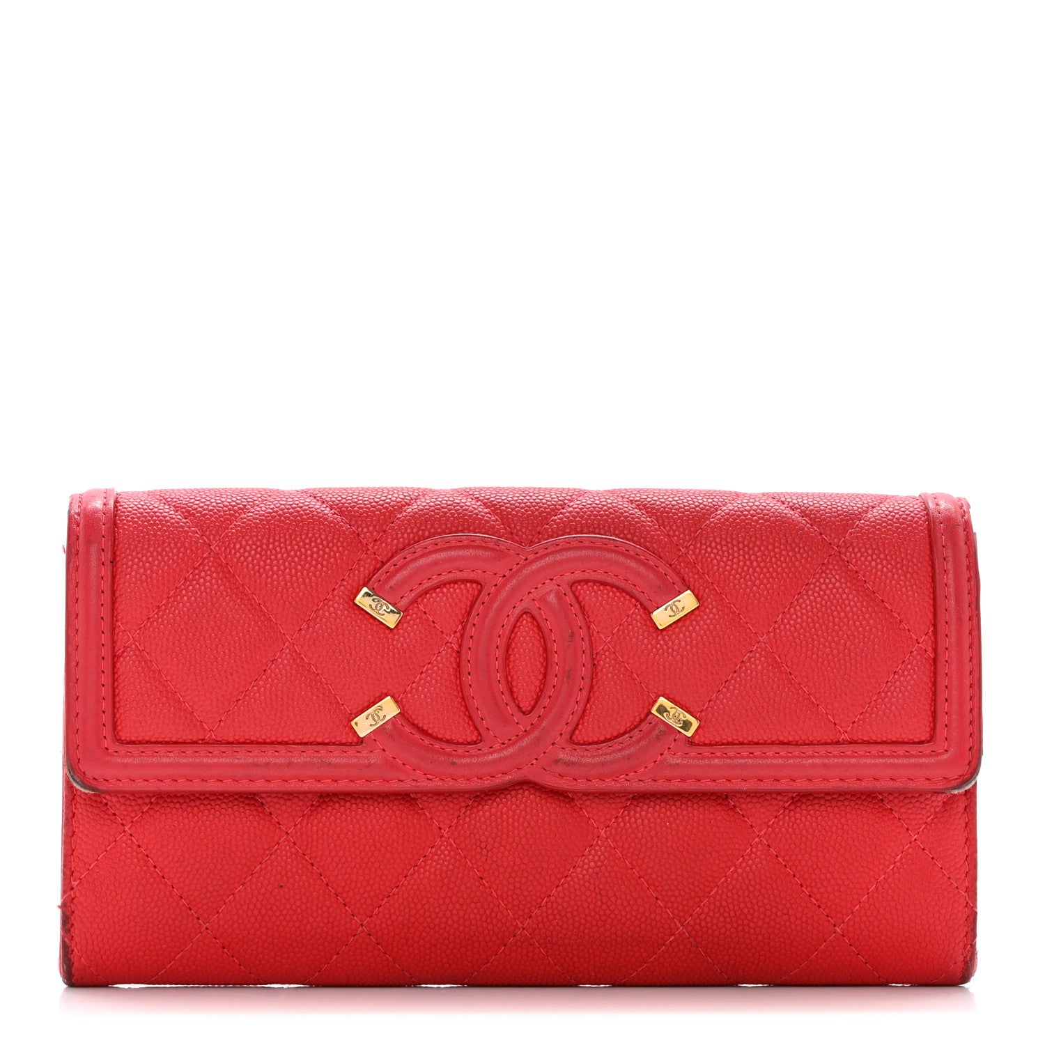 Chanel Caviar Quilted Large Filigree Gusset Flap Wallet Red 1 of 19