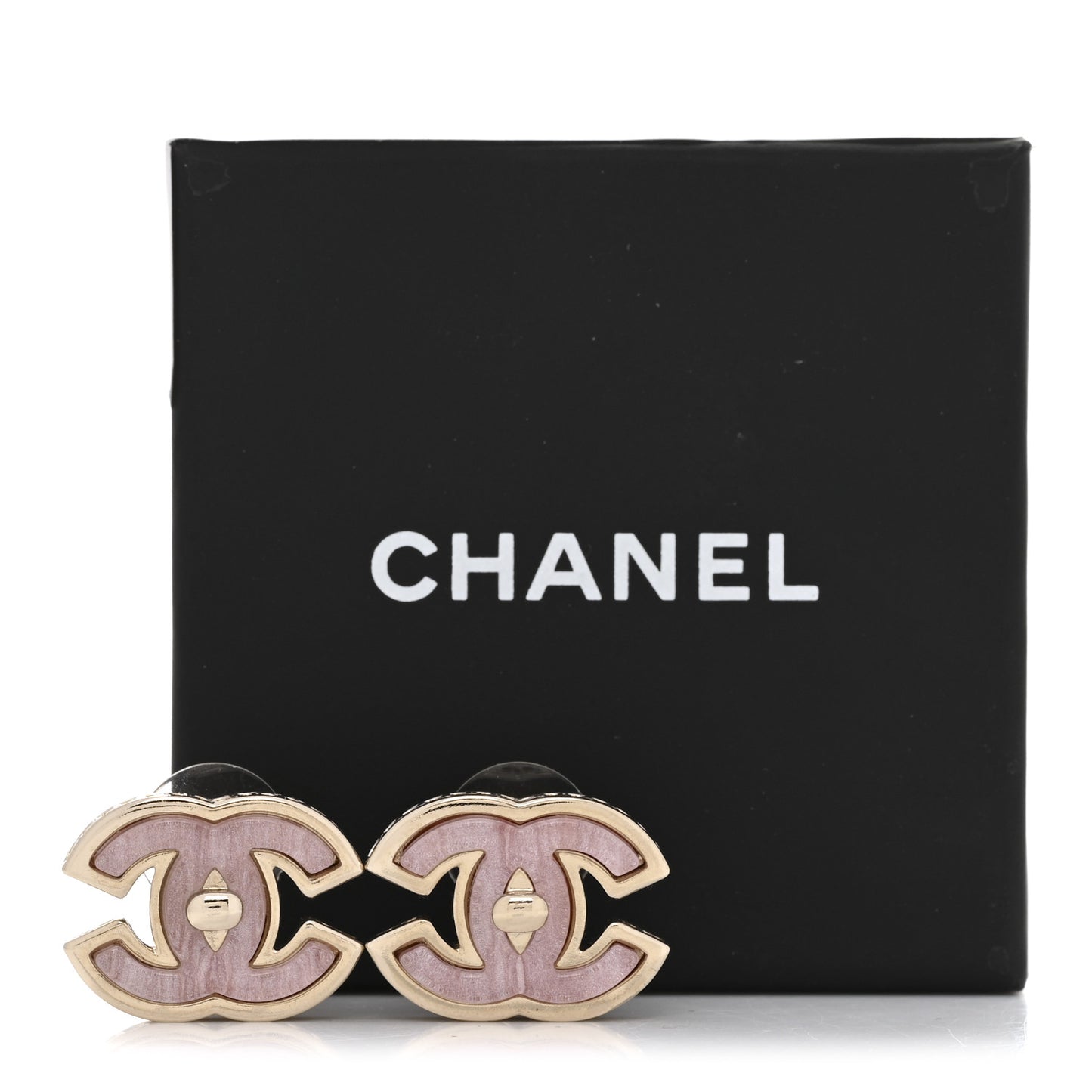 Metal Resin CC Turnlock Stud Earrings Gold Pink