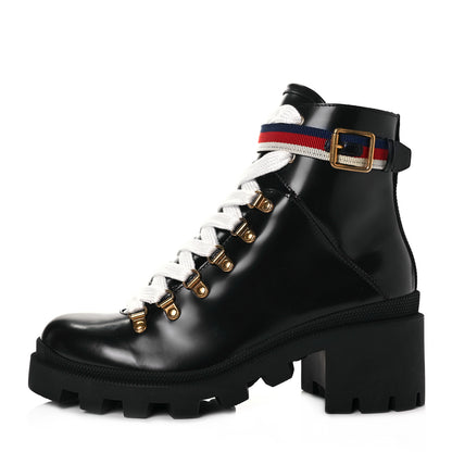 Gucci Calfskin Sylvie Web Womens Lace Up Combat Boots 39 Black 1 of 9