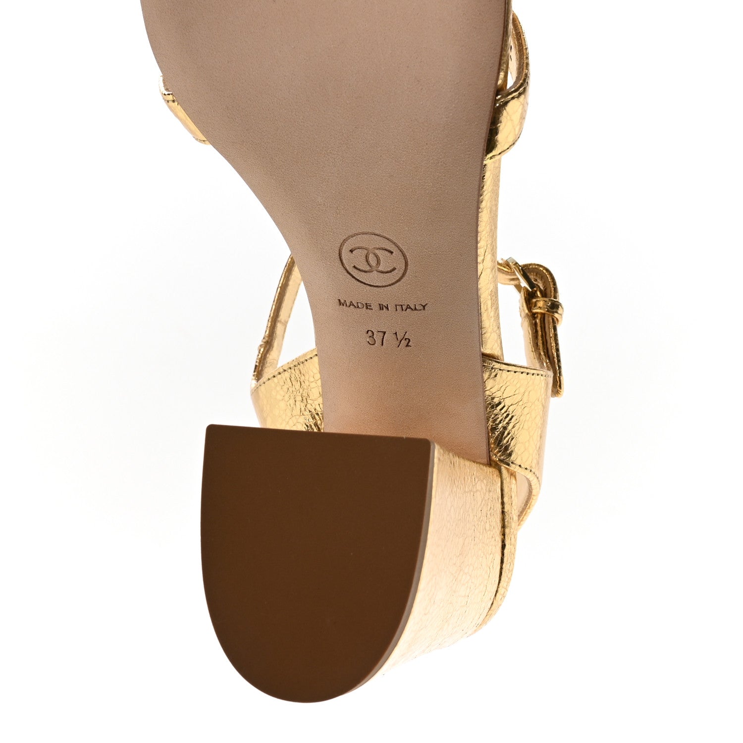 Chanel Laminated Lambskin Camellia Sandals 37.5 Gold 7 of 9