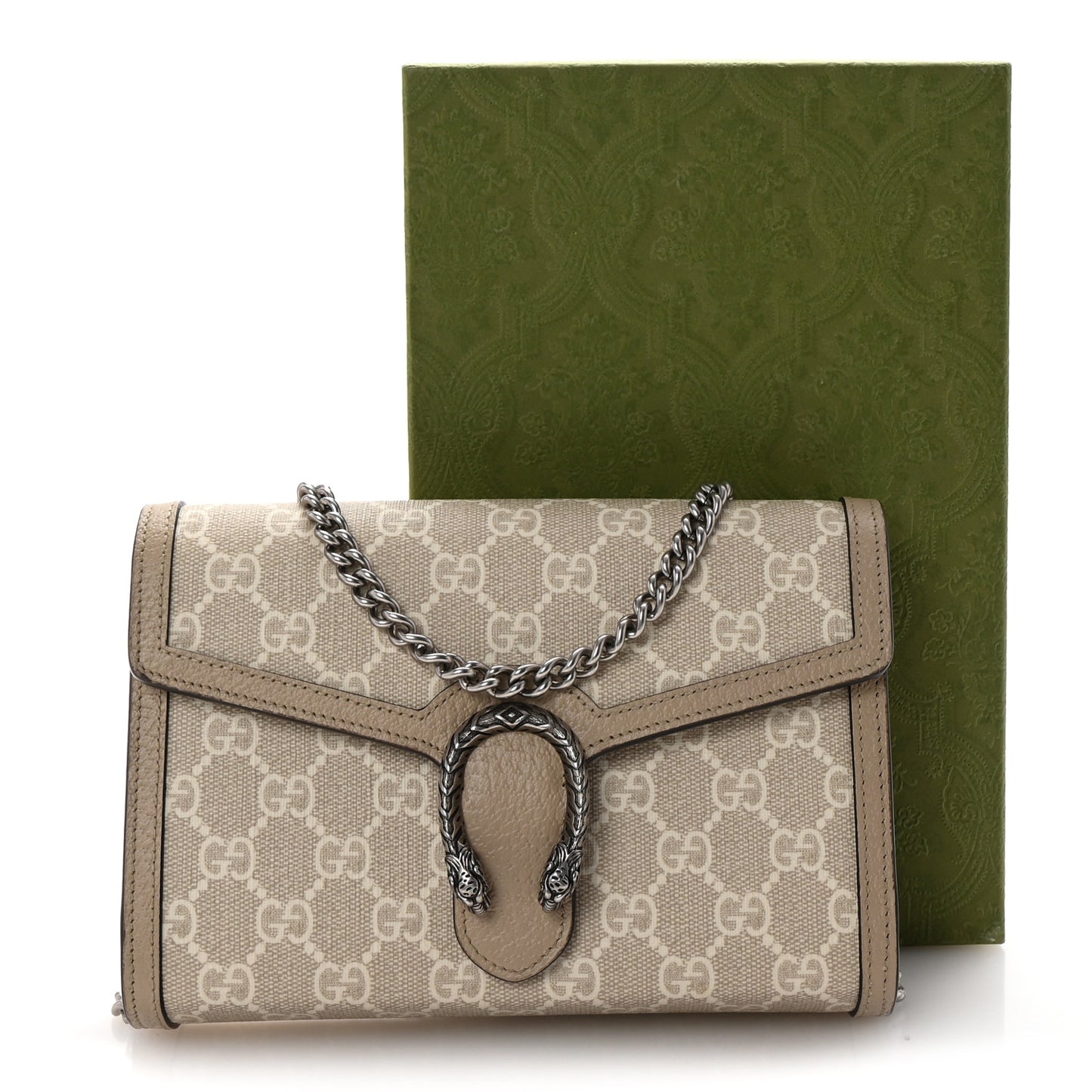 GG Supreme Monogram Textured Dollar Calfskin Mini Dionysus Chain Wallet Beige Mystic White Oatmeal