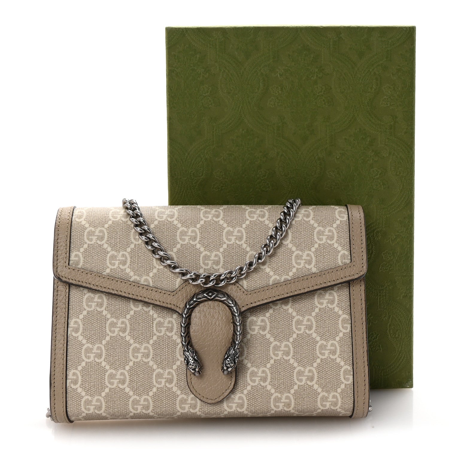 Gucci GG Supreme Monogram Textured Dollar Calfskin Mini Dionysus Chain Wallet Beige Mystic White Oatmeal 10 of 10