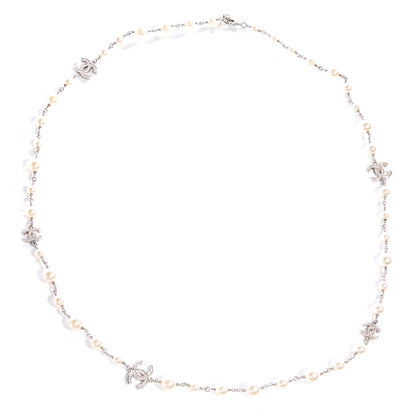 Chanel Crystal Pearl CC Long Necklace Silver 4 of 8