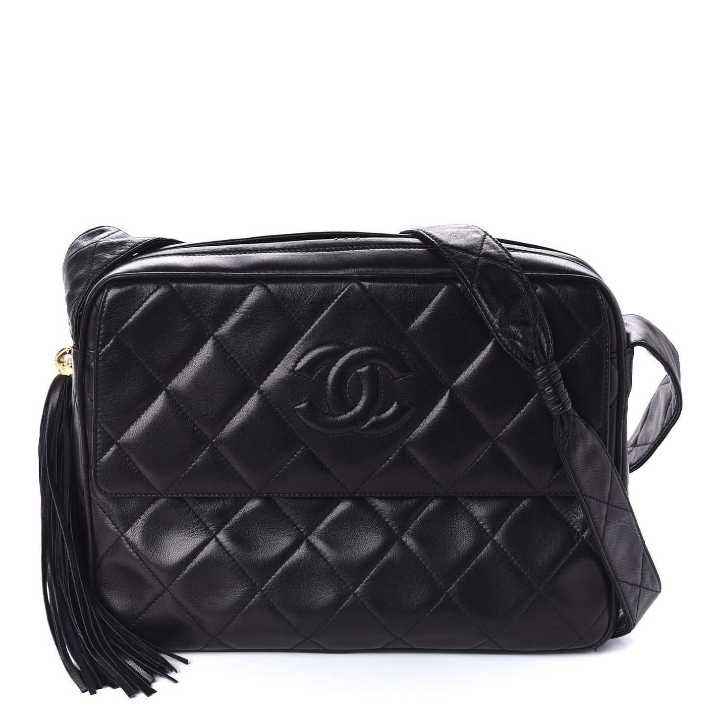 Lambskin Quilted CC Tassel Camera Case Black