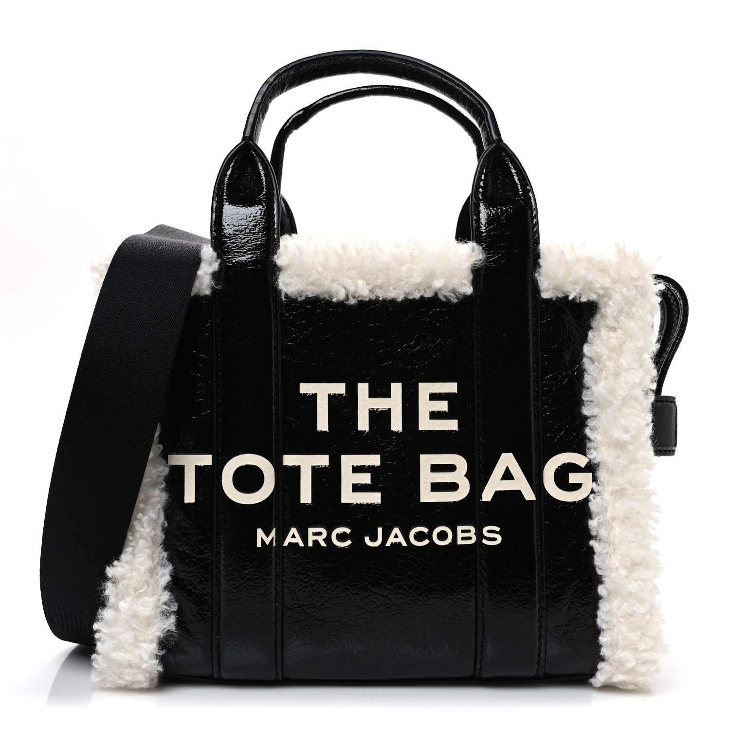 Marc Jacobs Shiny Calfskin Faux Shearling Mini The Traveler Tote Bag Black 1 of 10