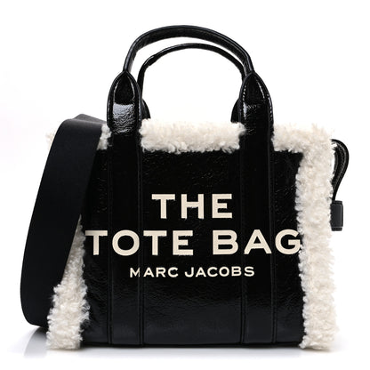 Marc Jacobs Shiny Calfskin Faux Shearling Mini The Traveler Tote Bag Black 1 of 10