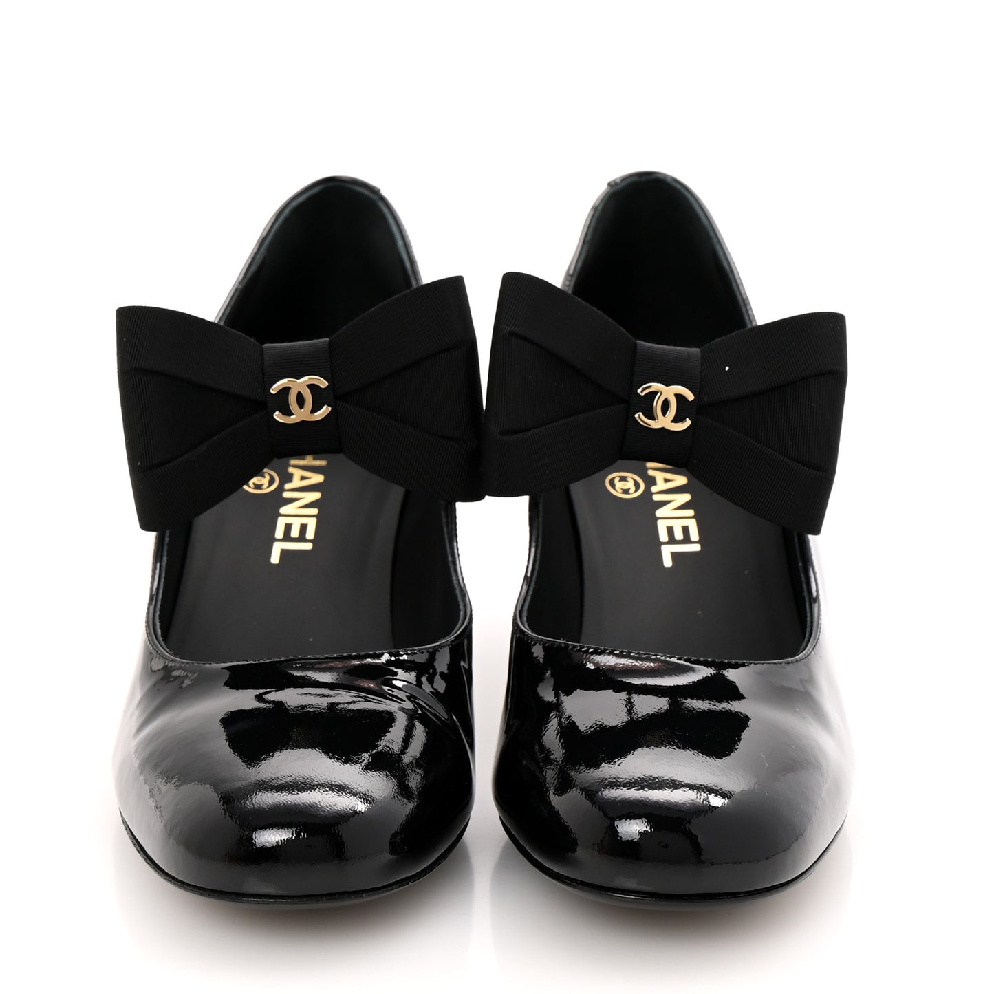 Patent Calfskin Grosgrain CC Mary Jane Pumps 39.5 Black