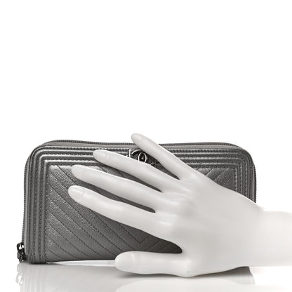 Chanel Metallic Caviar Chevron Quilted Boy Small Zip Around Wallet Silver 2 of 17