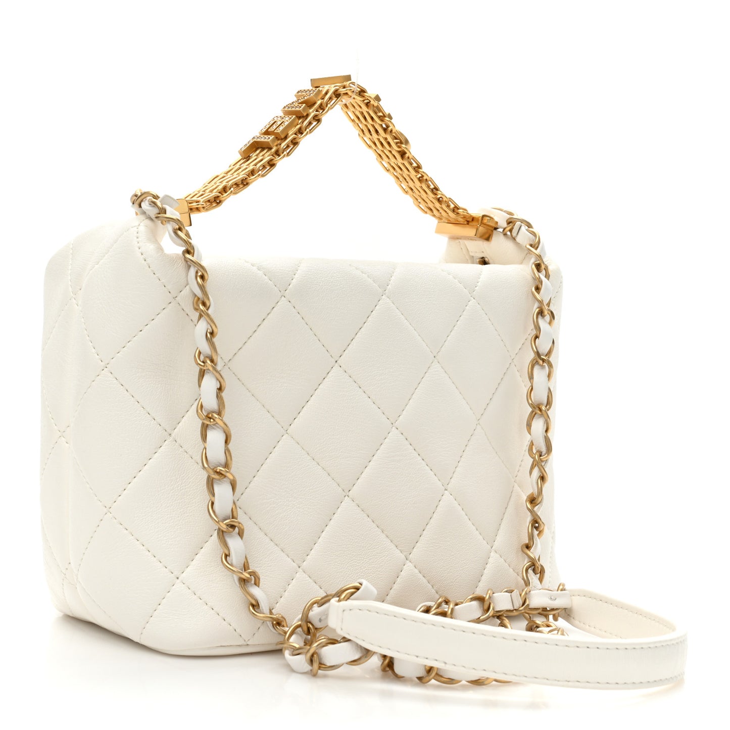 Lambskin Quilted CC Crystal Signature Chain Hobo White