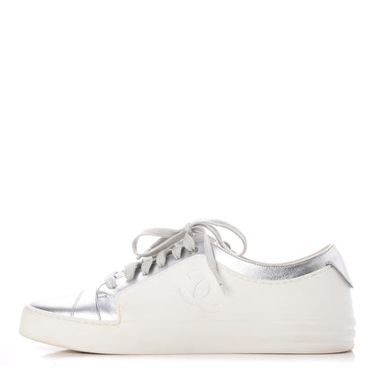 Chanel Iridescent Goatskin Sneakers 40.5 White Silver 1 of 13