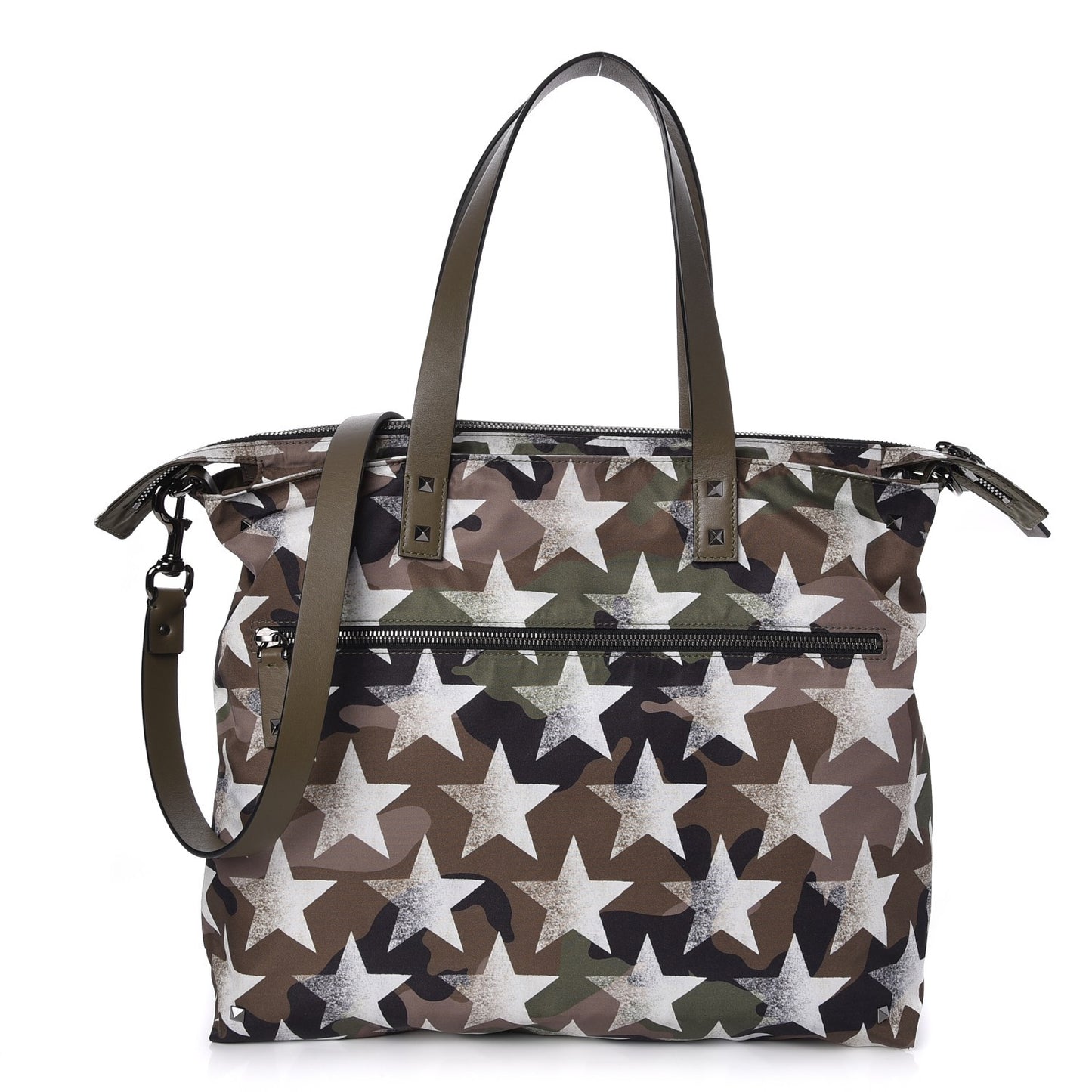 Nylon Printed Camustars Rockstud Vertical Tote Army Green White