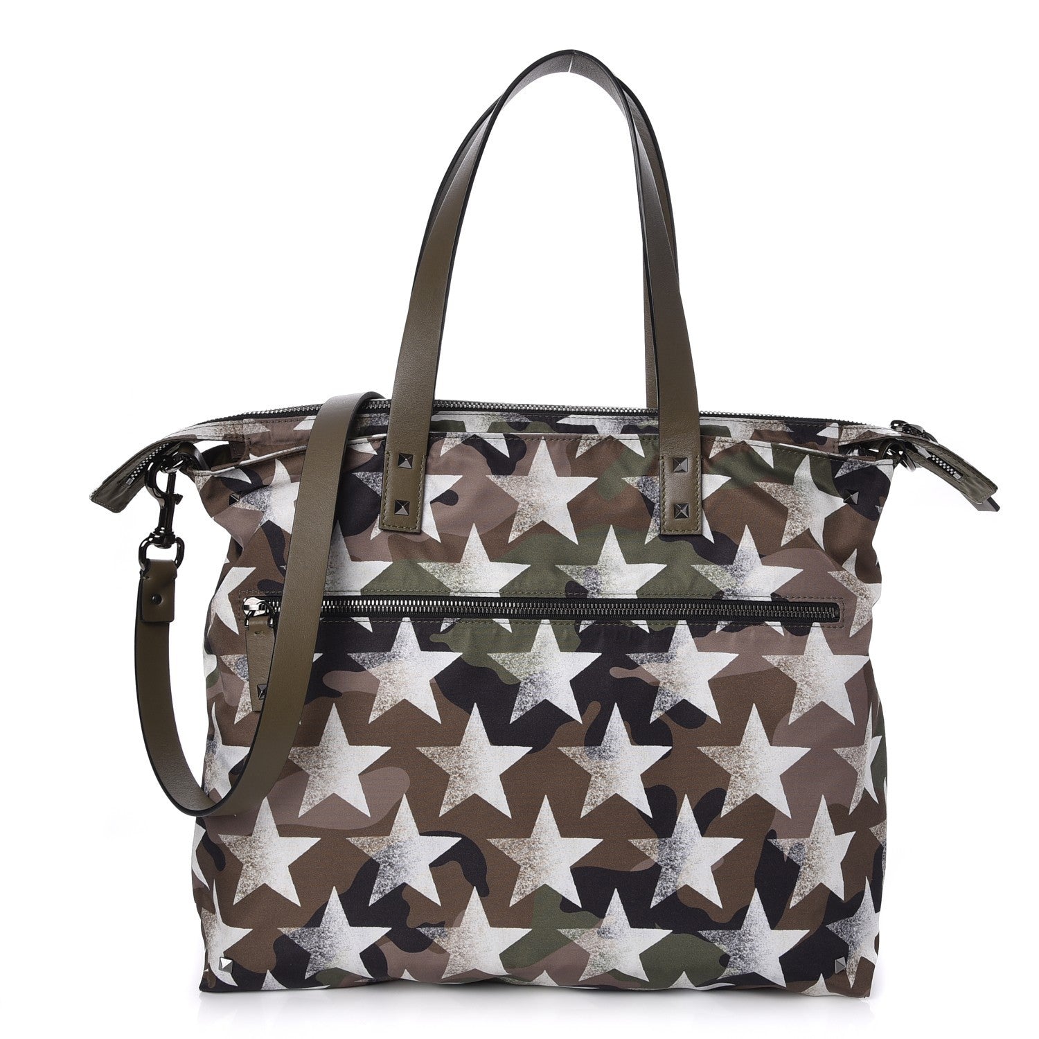 Valentino Garavani Nylon Printed Camustars Rockstud Vertical Tote Army Green White 1 of 7