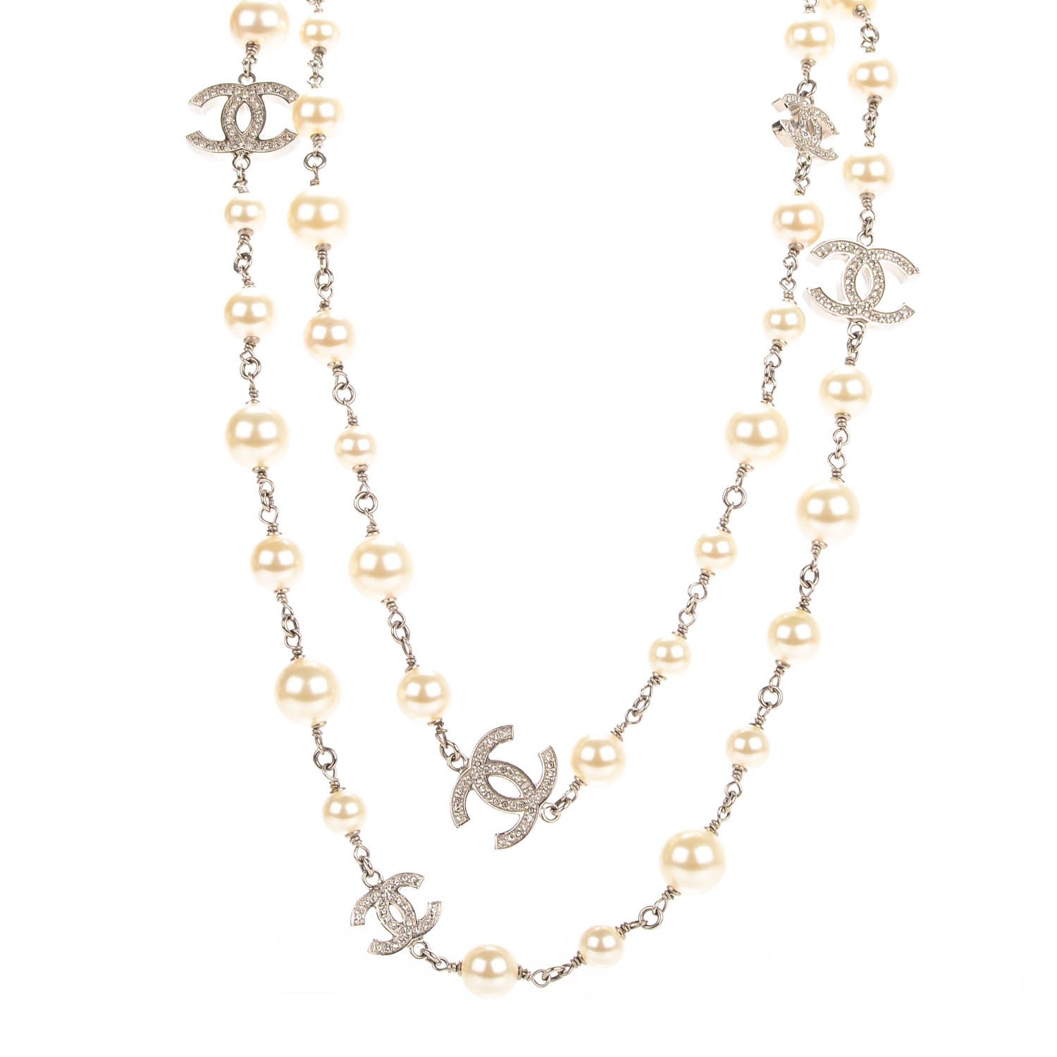 Chanel Crystal Pearl CC Long Necklace Silver 1 of 5