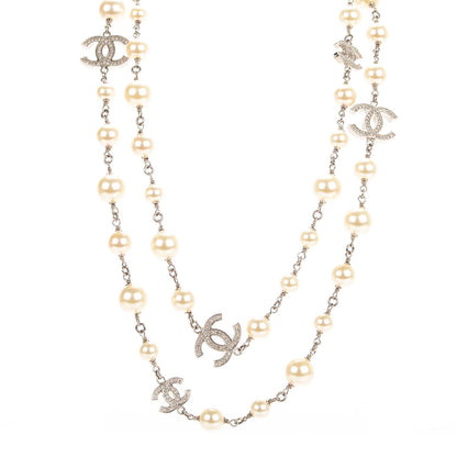 Chanel Crystal Pearl CC Long Necklace Silver 1 of 5