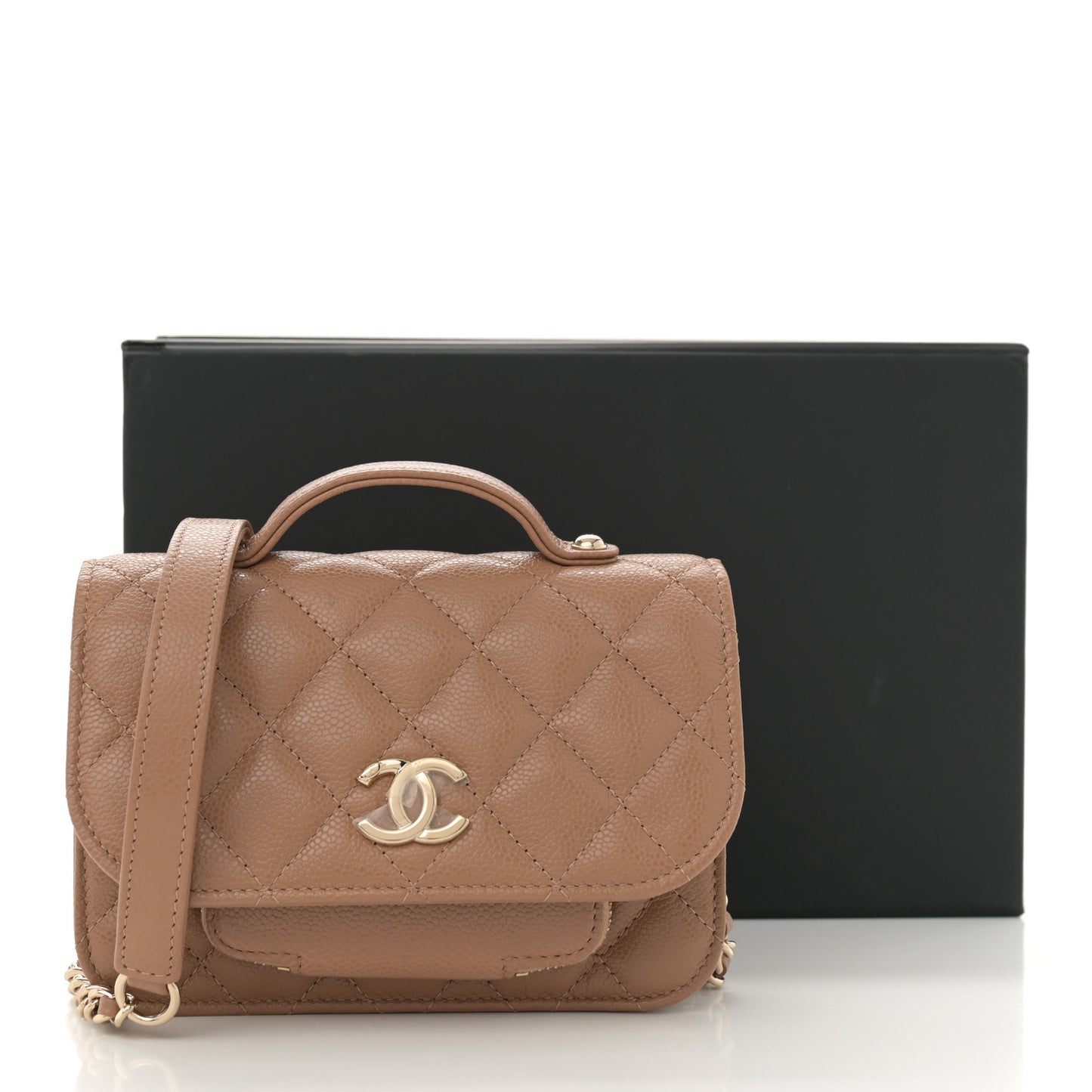 Caviar Quilted Business Affinity Clutch With Chain Flap Dark Beige