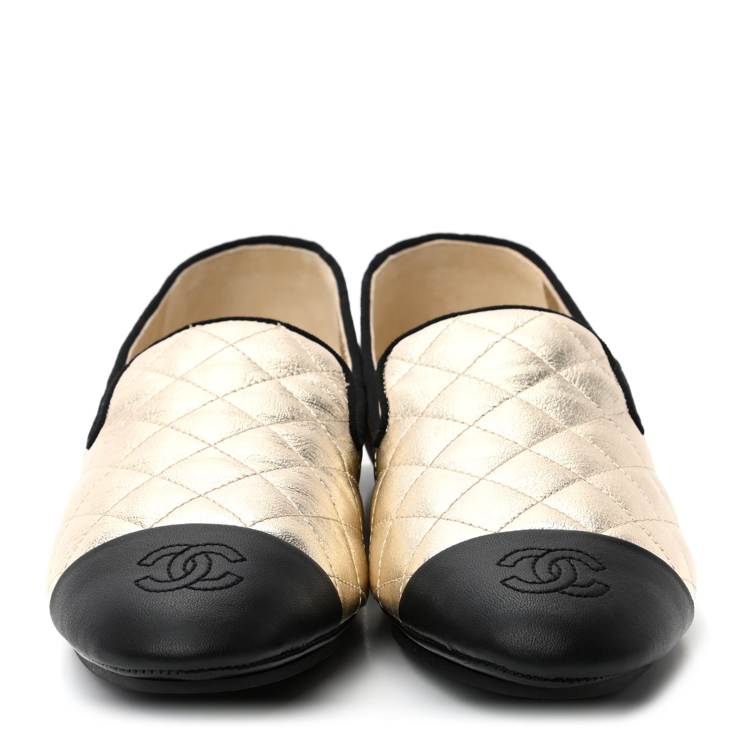 Laminated Lambskin Quilted CC Cap Toe Slipper With Pouch 39 Gold Black