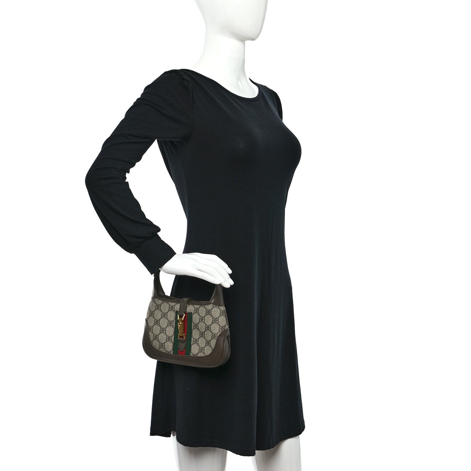 Gucci X BALENCIAGA BB Supreme Monogram Calfskin Web Mini Jackie 1961 Hobo Beige Ebony 3 of 10