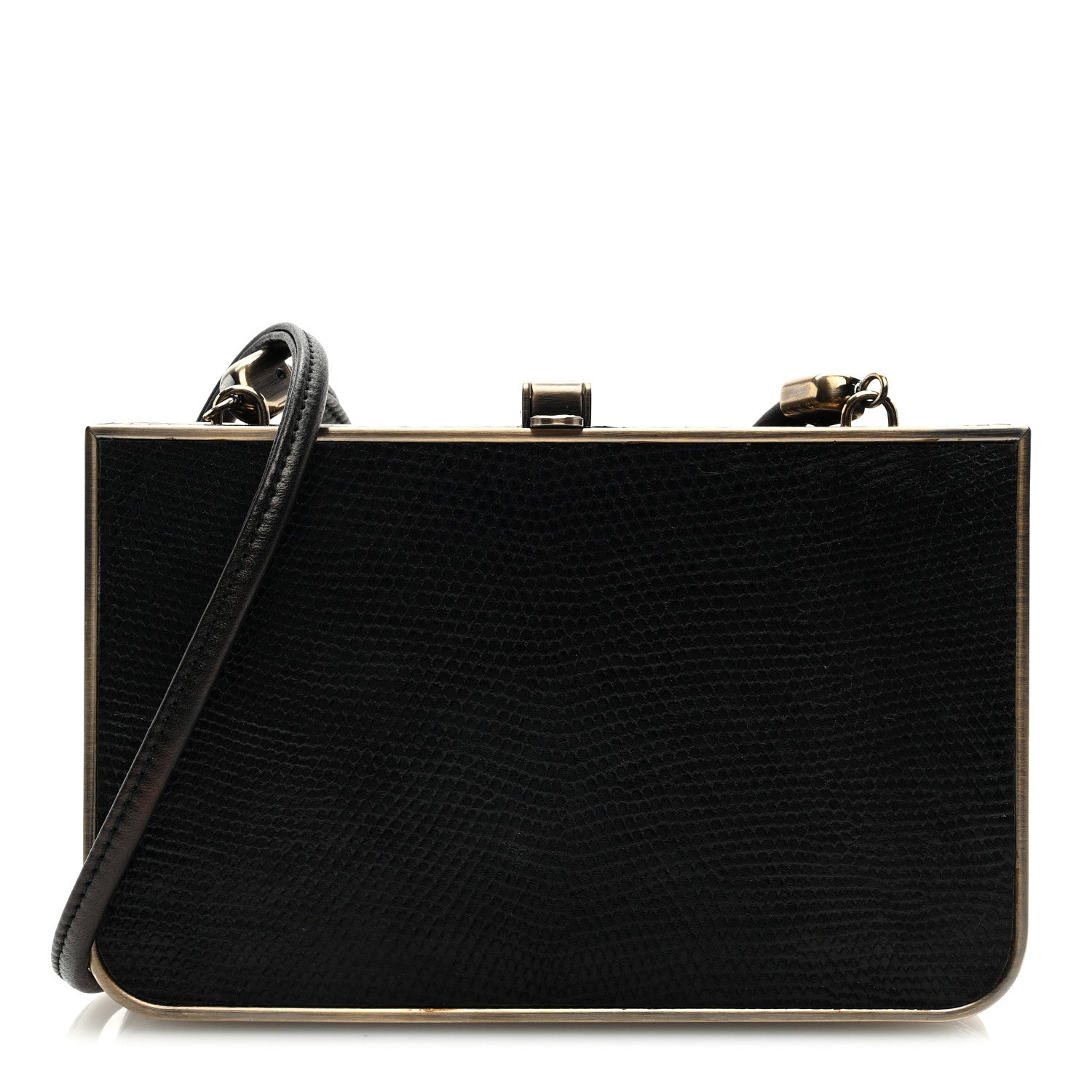Salvatore Ferragamo Lizard Metal Box Clutch Black Gold 1 of 8