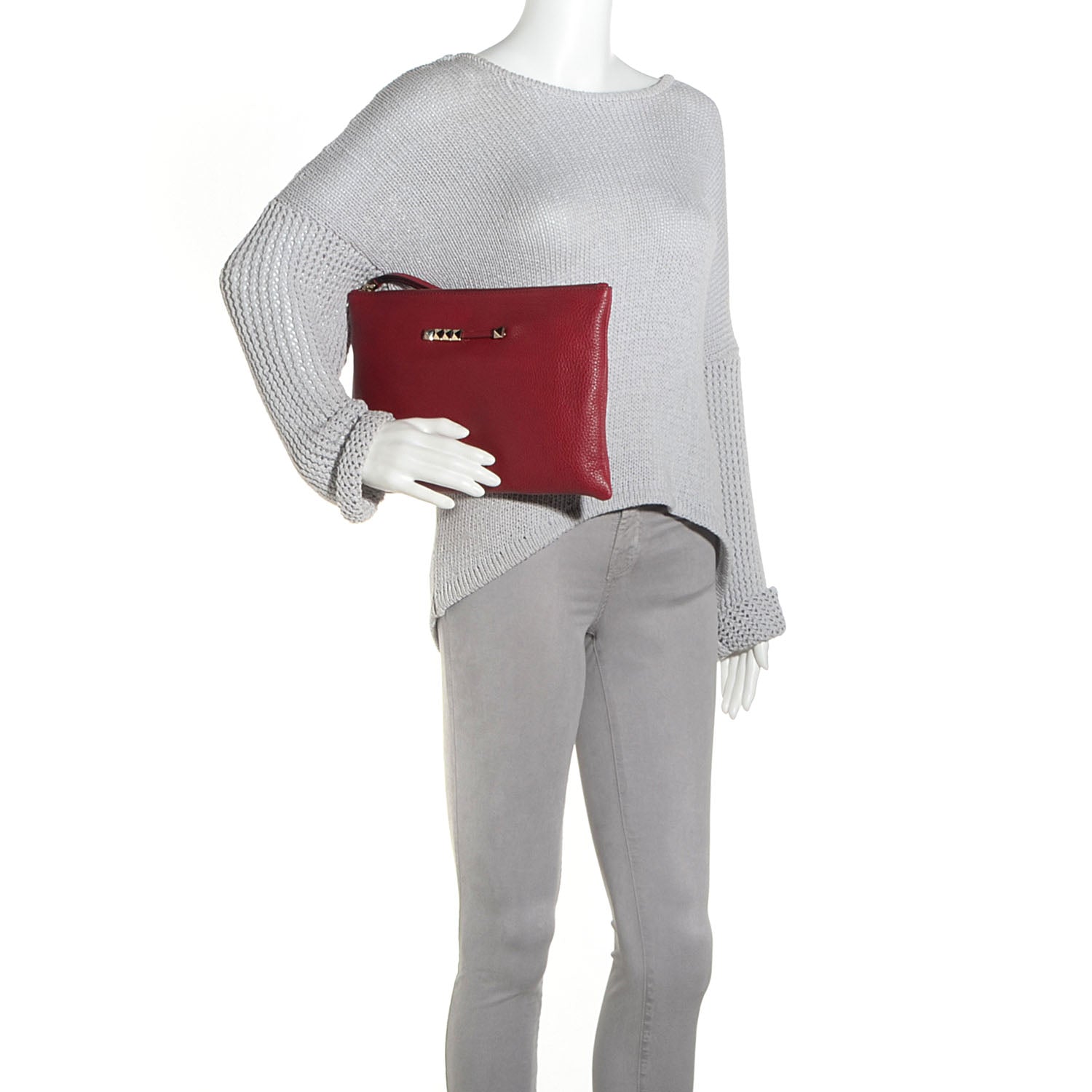 Valentino Garavani Pebbled Calfskin Large Rockstud Zip Wristlet Pouch Red 2 of 8