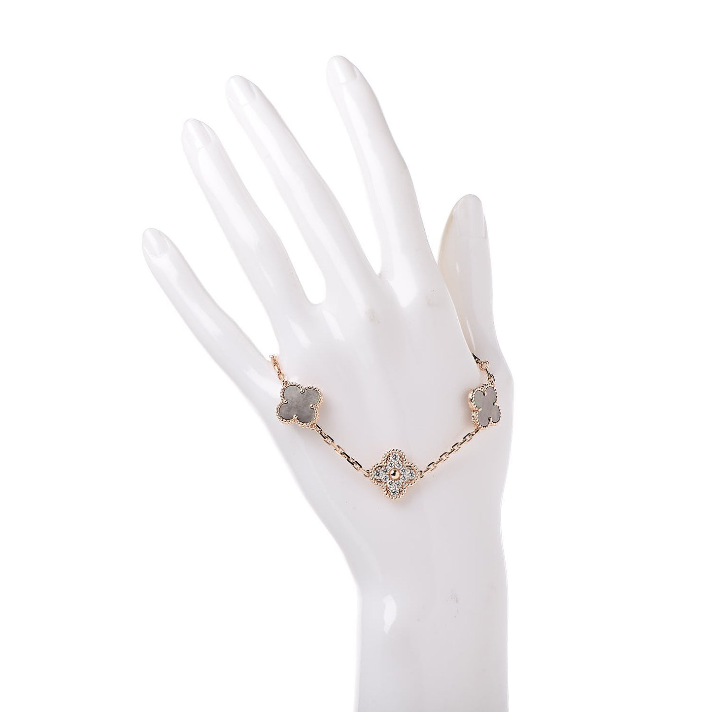 18K Rose Gold Diamond Gray Mother of Pearl 5 Motifs Vintage Alhambra Bracelet