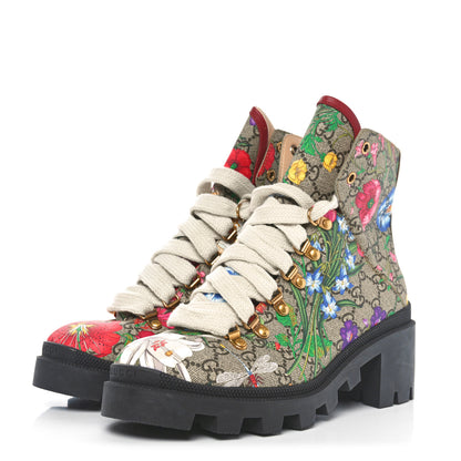 Gucci GG Supreme Monogram Flora Lace Up Combat Ankle Boots 39 Beige Multicolor Red 3 of 10