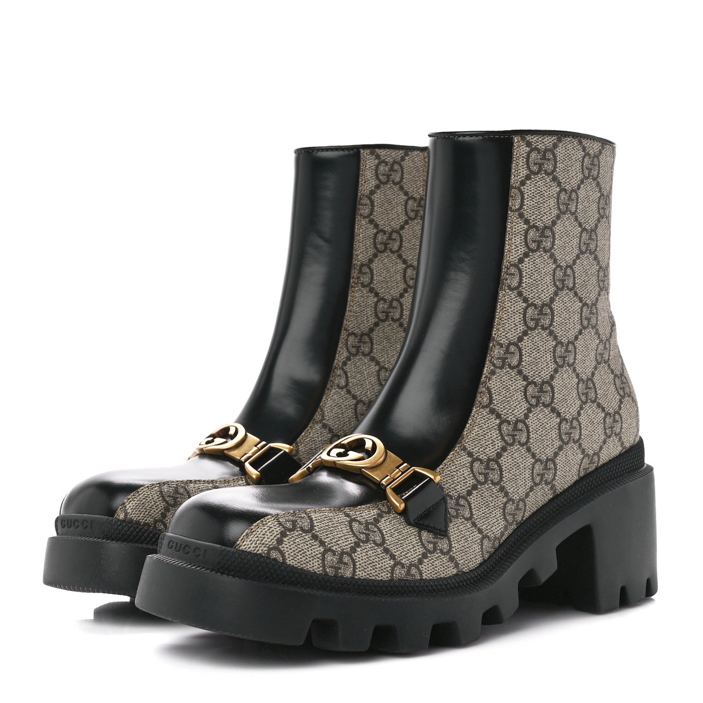 GG Supreme Monogram Magnum Calfskin Interlocking G Womens Lug Sole Ankle Boots 36 Beige Ebony Black