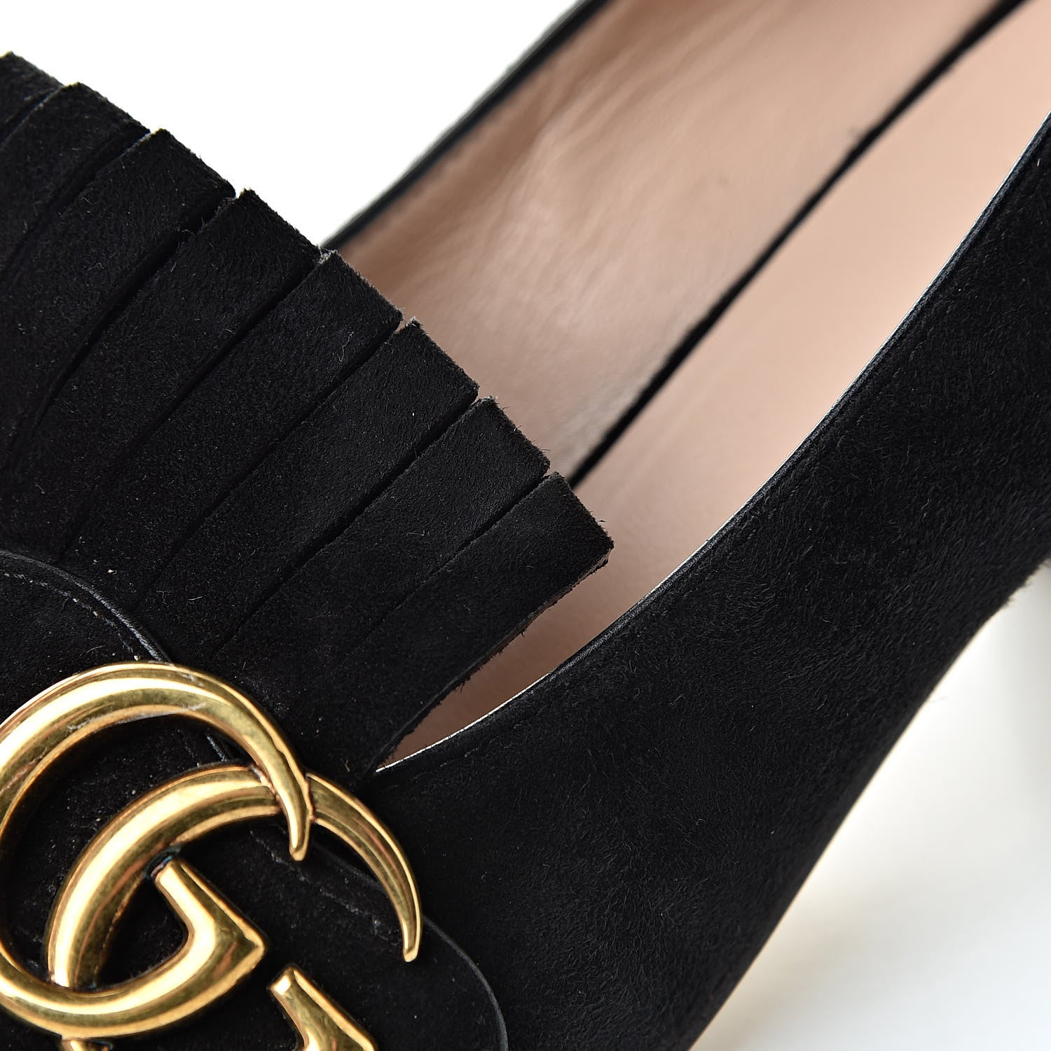 Gucci Kid Scamosciato GG Marmont Fringe 50mm Loafer Pumps 35.5 Black 12 of 14