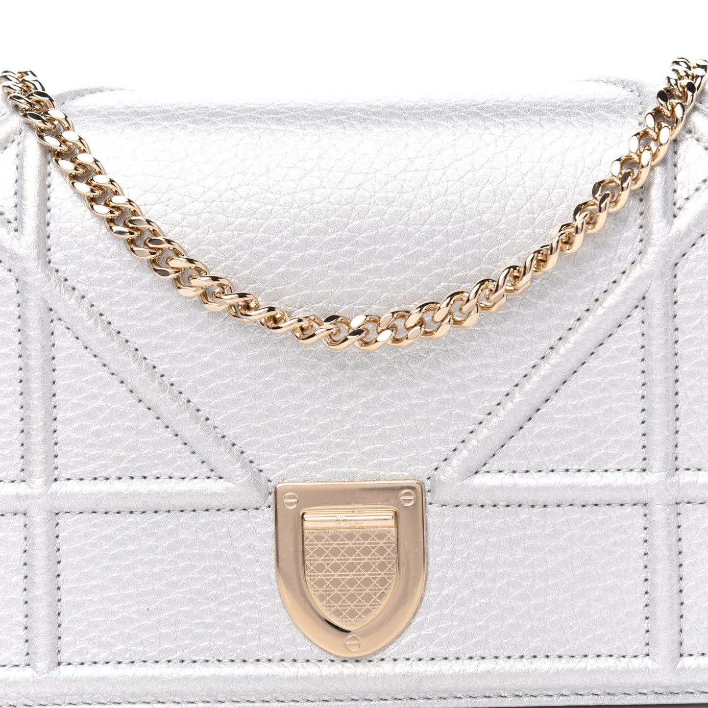 Metallic Grained Calfskin Diorama Wallet on Chain Pouch Silver