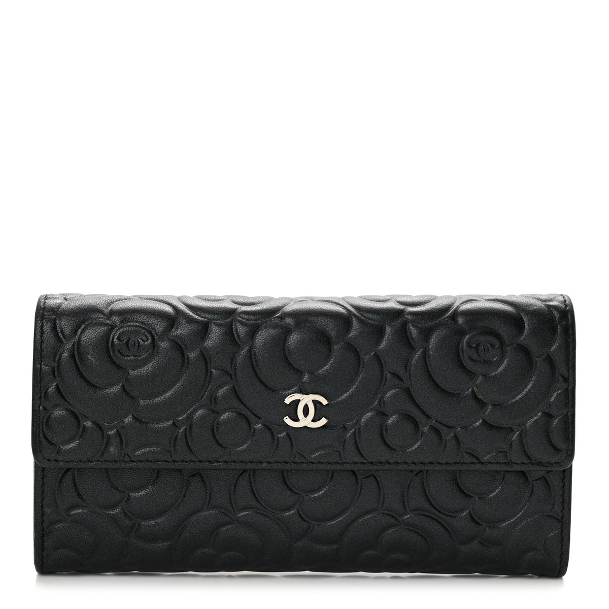 Chanel Lambskin Embossed Camellia Large Gusset Flap Wallet Black 1 of 12