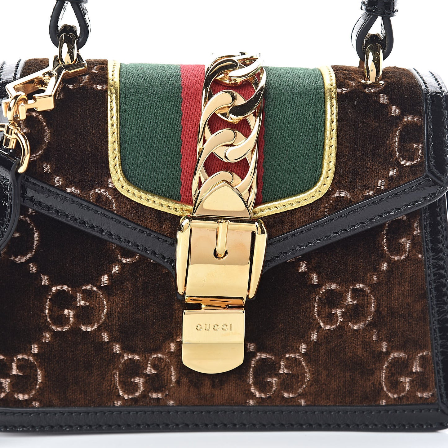 Velvet GG Monogram Web Mini Sylvie Top Handle Bag Brown Black Oro Vecchio