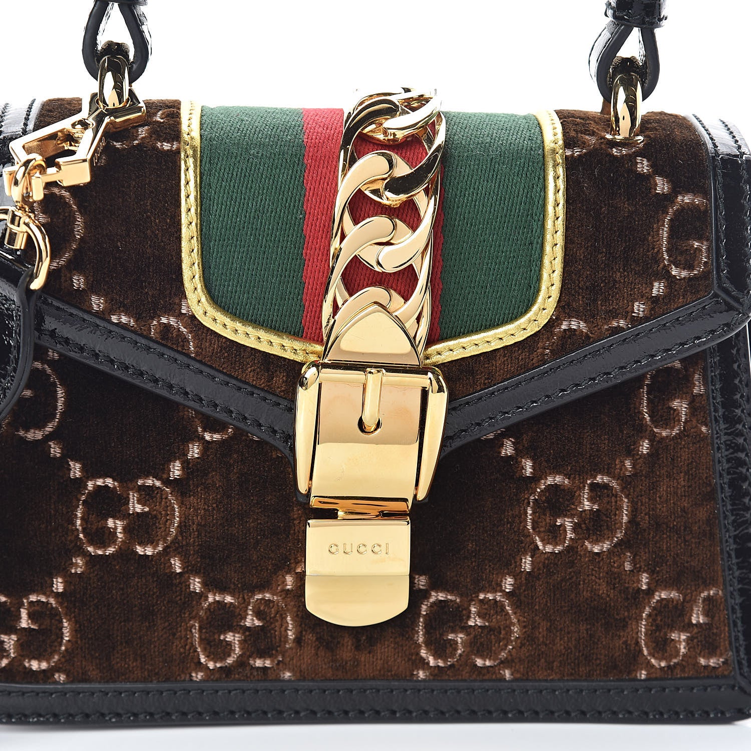 Gucci Velvet GG Monogram Web Mini Sylvie Top Handle Bag Brown Black Oro Vecchio 9 of 11
