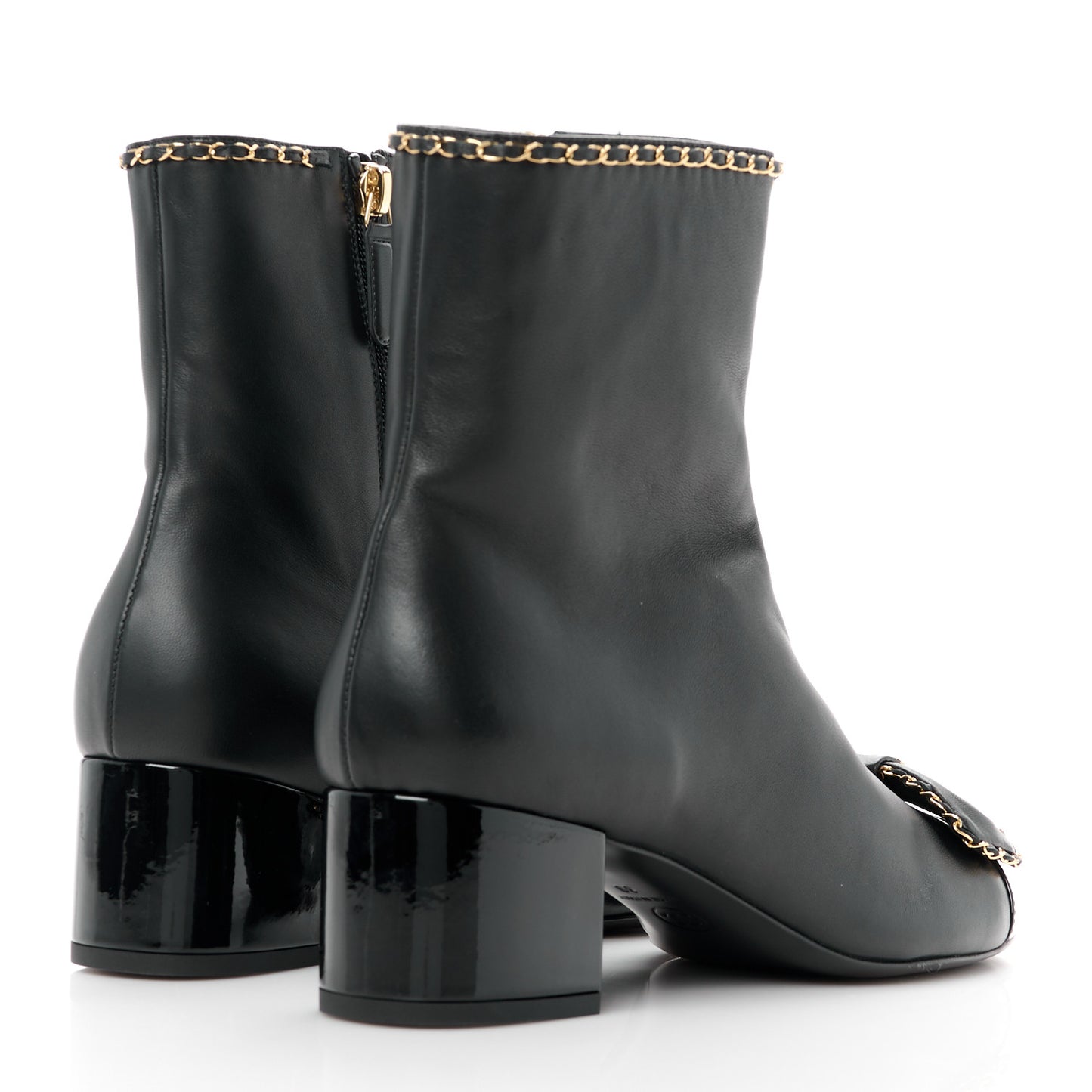 Lambskin Patent Cap Toe Chain Bow CC Short Boots 39 Black