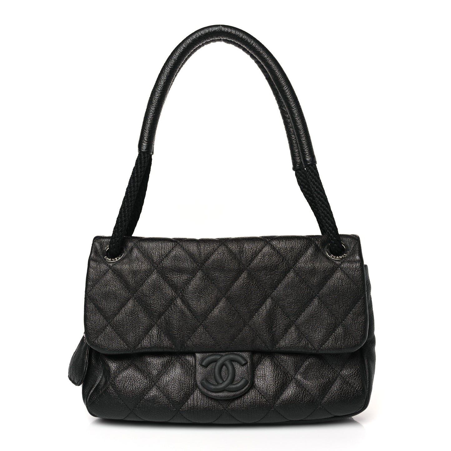 Calfskin Quilted Expandable Zip Flap Shoulder Bag Black